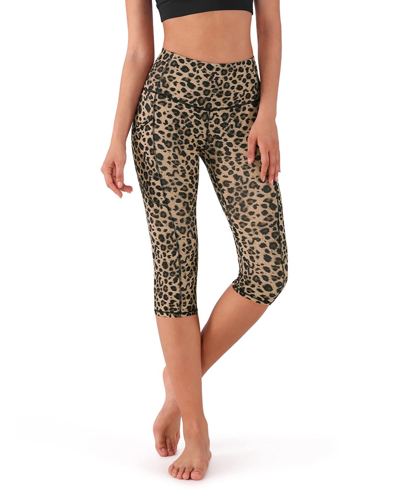 ODODOS Women's High Waisted Printed Yoga Capris with Pocket, Tummy Control Non See Through Workout Sports Running Athletic Capri Leggings, Leopard, Medium - Image 1